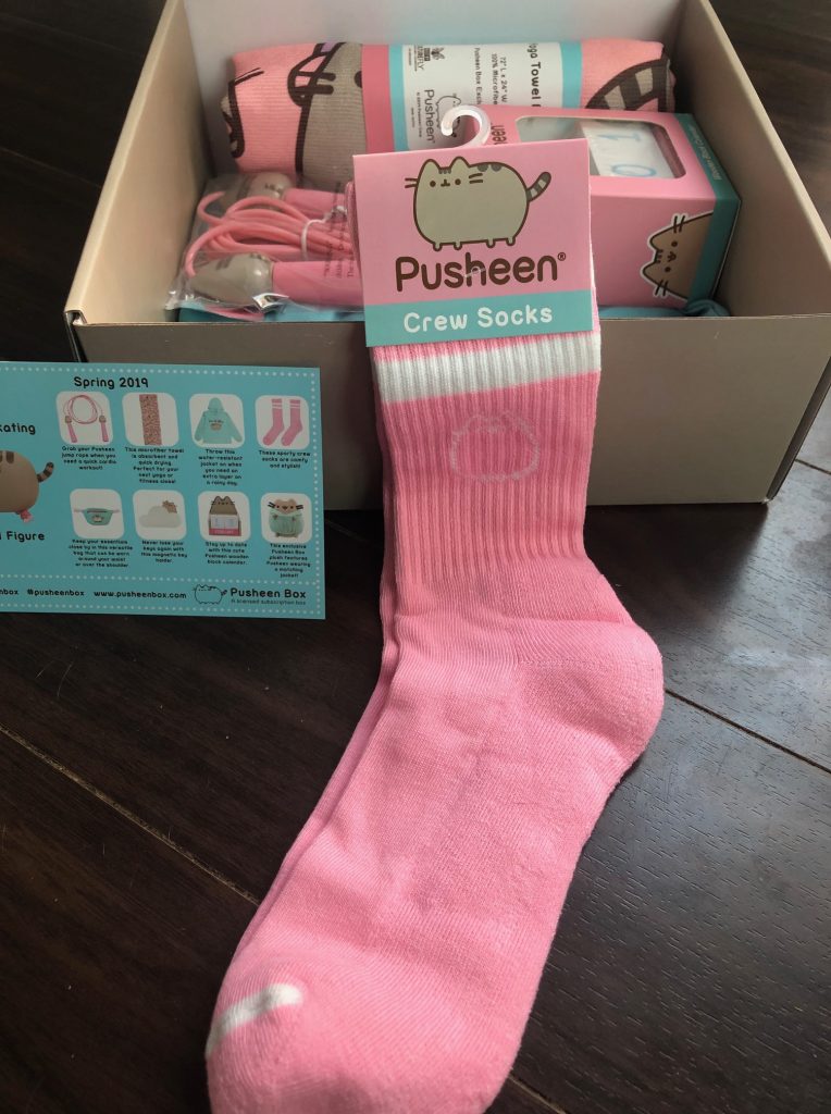 pusheen, subscription box, cat, jump rope, yoga towel, plush, jacket, calendar, key holder, socks