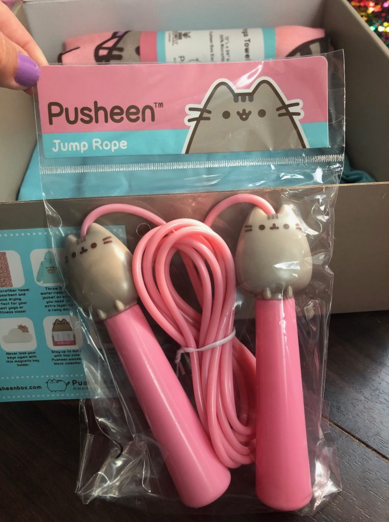 pusheen, subscription box, cat, jump rope, yoga towel, plush, jacket, calendar, key holder, socks