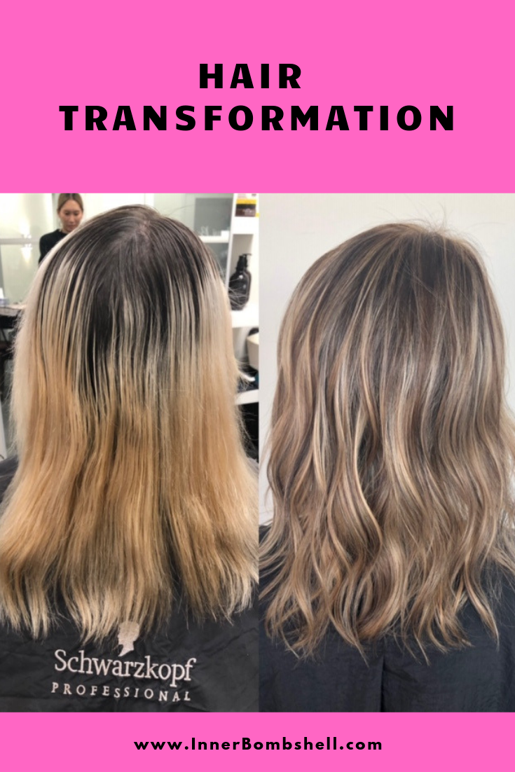 Hair transformation from brassy blonde to beautiful light brown hair color.